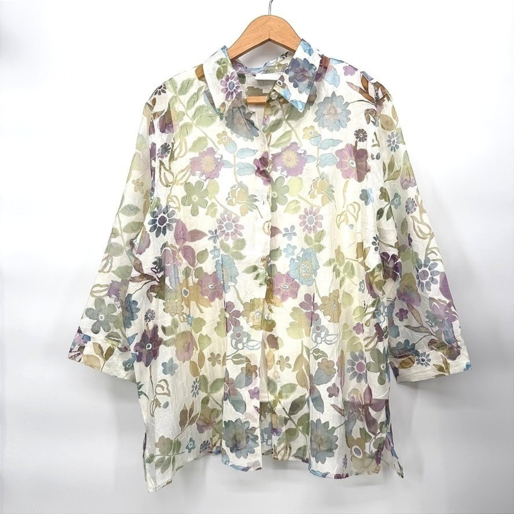 Alfred Dunner Whimsical Sheer Floral Button Up Top Layered Spring Blouse Size 16